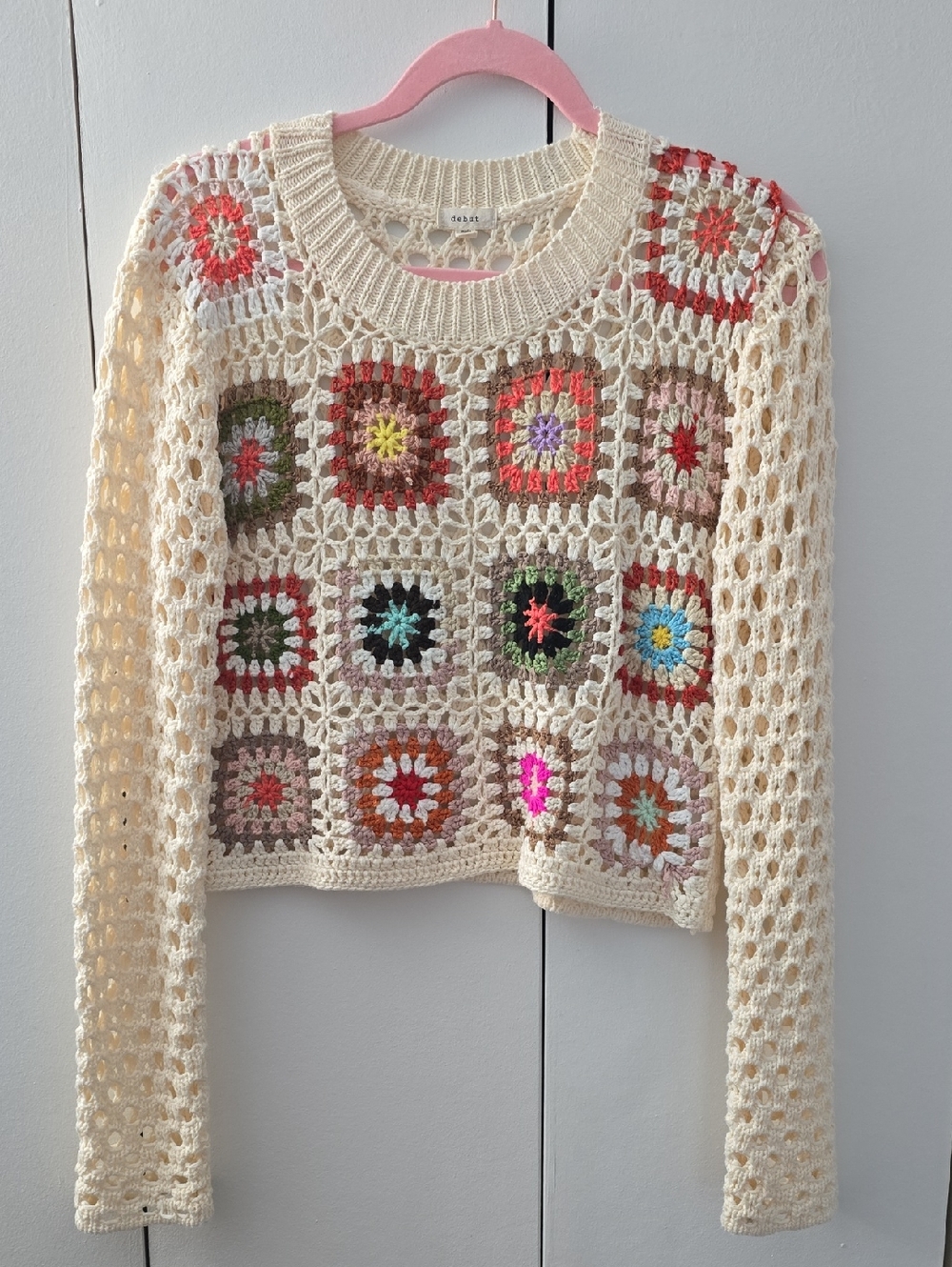 Debut Cream Crochet Knit Long Sleeves Top